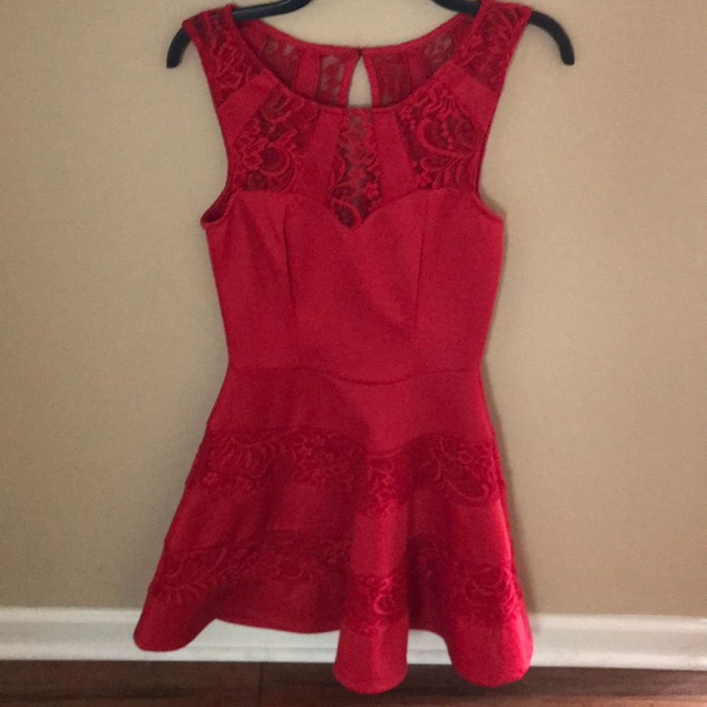 Red lace and satin dress.